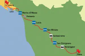 mappa via francigena da la spezia a siena
